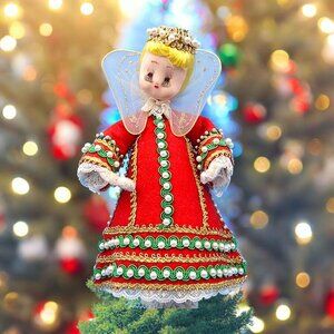 Vintage Christmas Angel Tree Topper Tulle Wings Gold Crown Red Felt Dress Pearls